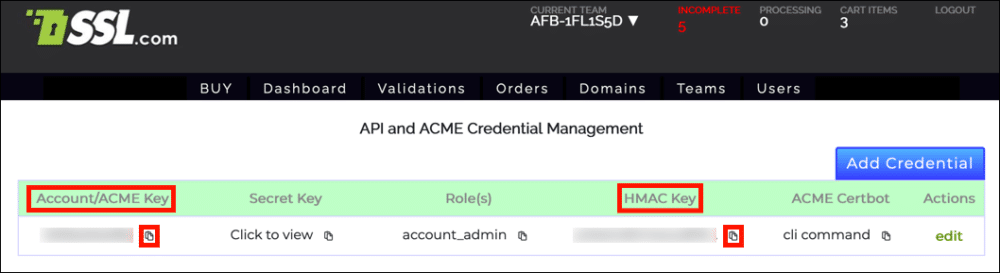 Account/ACME Key and HMAC Key