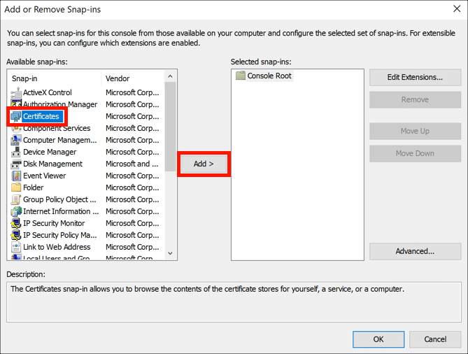 Add certificates snap-in