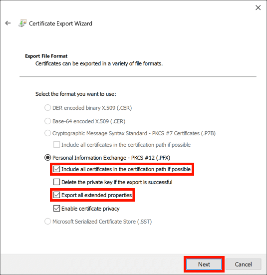 Set PFX options