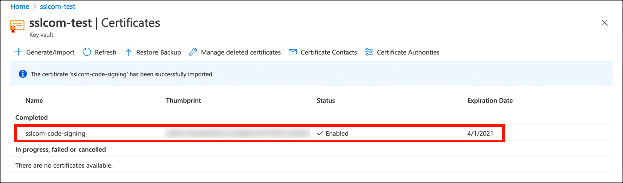 Certificate in key vault