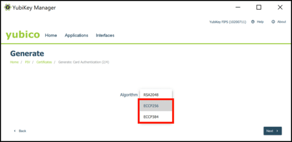 YubiKey Manager key selection